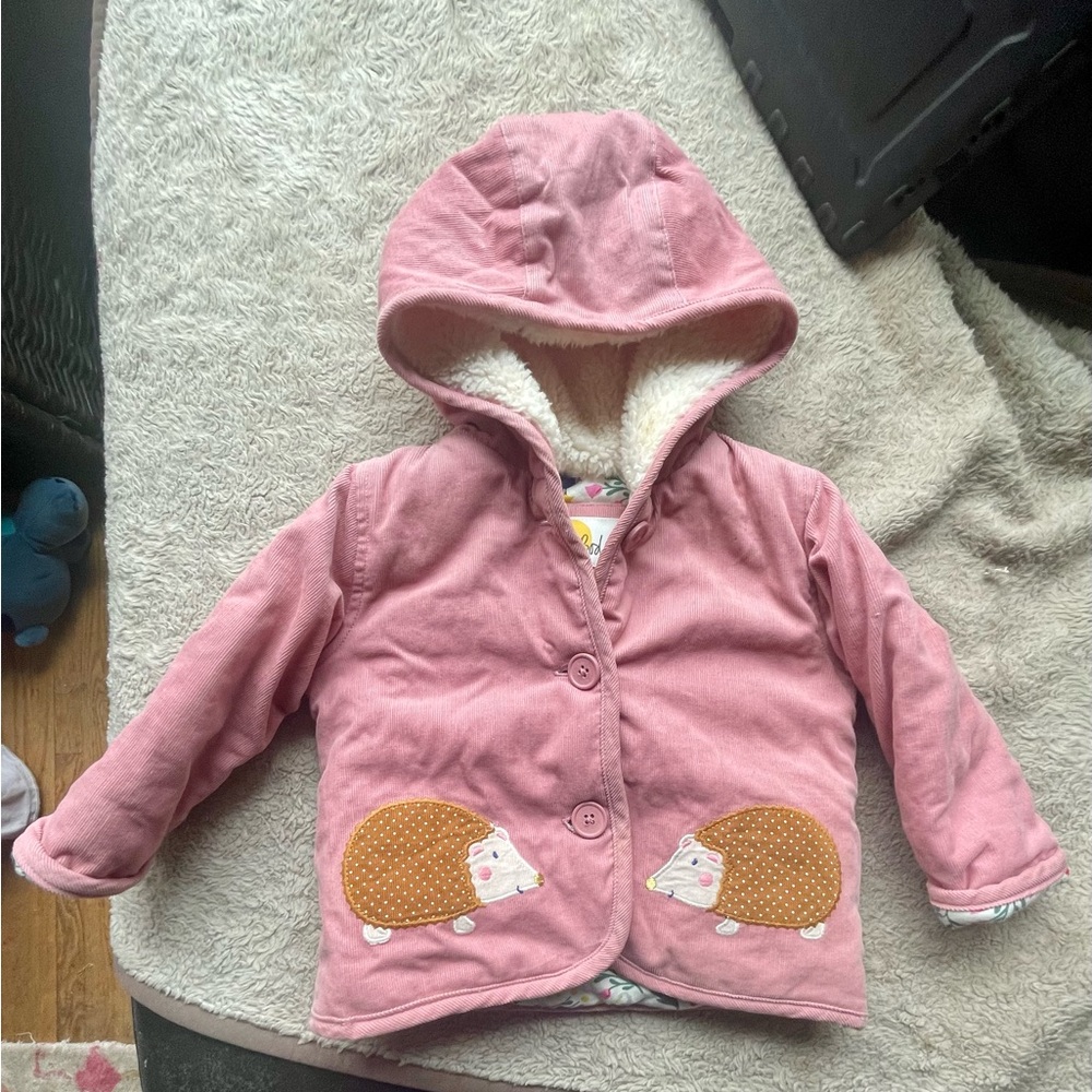 Baby Boden Pink Hooded Puffer Jacket with Hedgehog Pockets